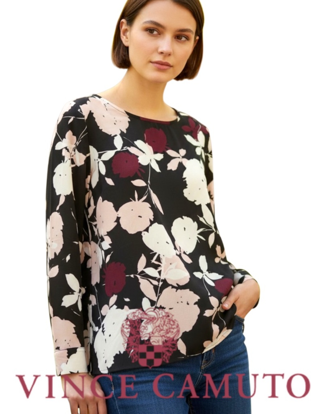 Vince Camuto Black/White/Pink Chapel Rose Hi-Low Top Blouse Tunic (S)